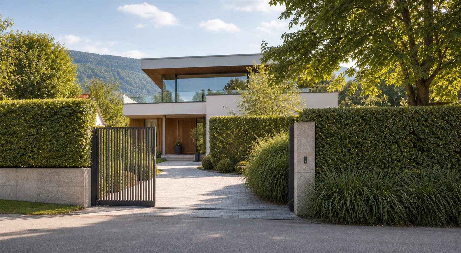 Modernes Haus hinter Bäumen mit diskretem Eingang