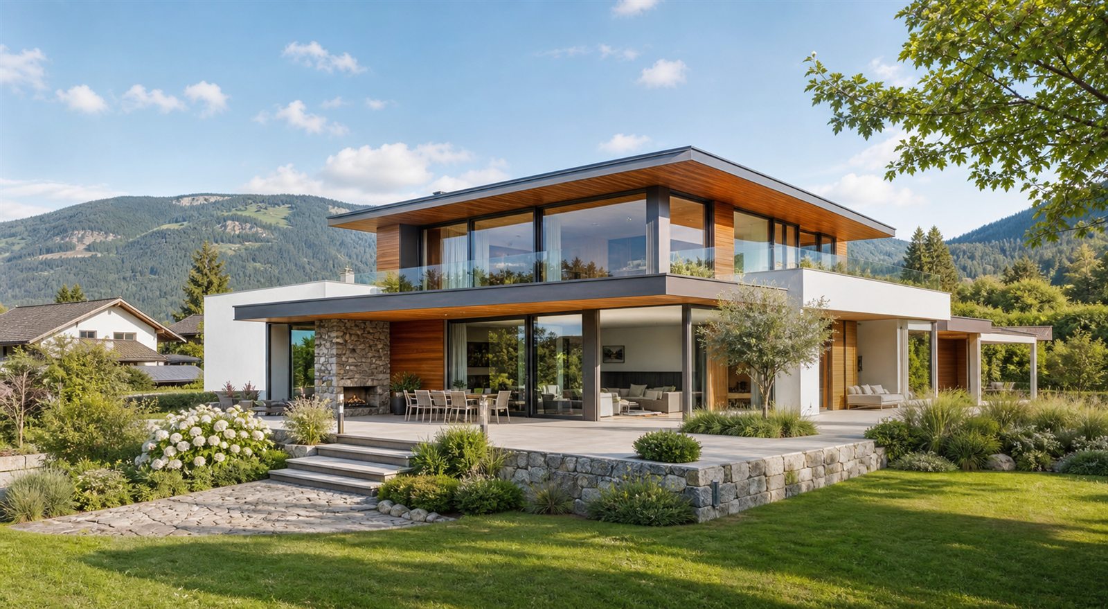 Modernes Architektenhaus mit Glasfront und Garten