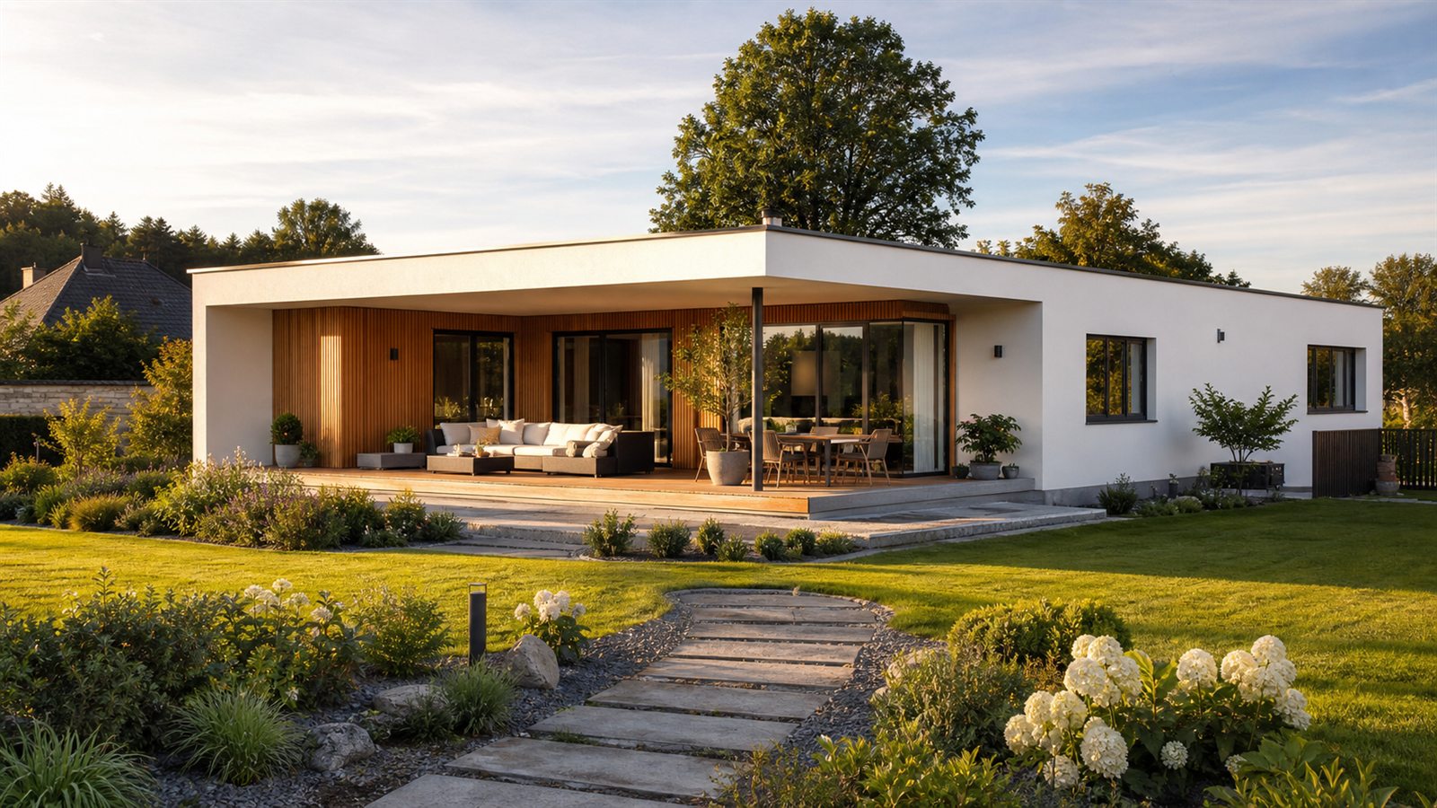 Bungalow mit Flachdach, Terrasse und Garten